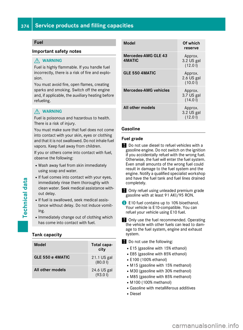 MERCEDES-BENZ GLE SUV 2017 W166 Owners Manual Fuel
Important safety notes
GWARNIN G
Fuel is highly flammable. If you handle fuel
incorrectly, there is aris kof fir eand explo-
sion .
You must avoi dfire, open flames, creating
sparks and smoking. 