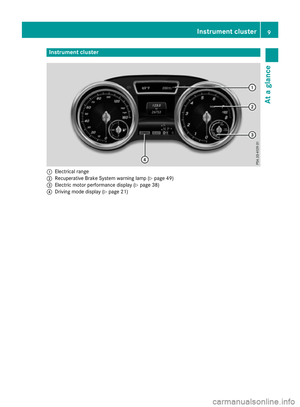 MERCEDES-BENZ GLE SUV HYBRID 2017 W166 Owners Manual Instrument cluster
:Electrical range
;Recuperative Brake Systemwarning lamp (Ypage 49)
=Electric motor performance display (Ypage 38)
?Drivingmod edisplay (Ypage 21 )
Instrument cluster9
At a glance 