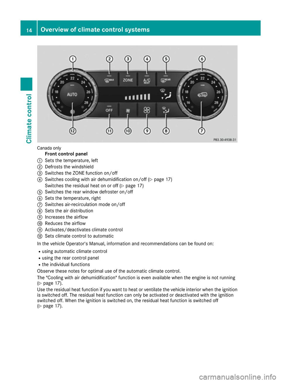 MERCEDES-BENZ GLE SUV HYBRID 2017 W166 Owners Manual Canada only
Front control panel
:Sets the temperature, left
;Defrosts the windshield
=Switches the ZONE function on/off
?Switches cooling with air dehumidification on/off (Ypage 17)
Switches the resid