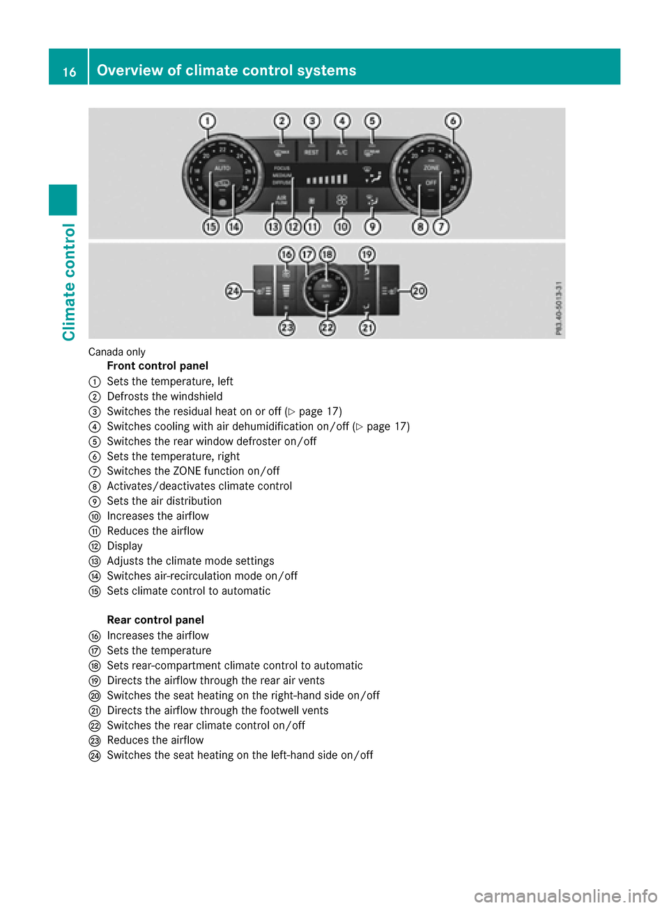 MERCEDES-BENZ GLE SUV HYBRID 2017 W166 Owners Manual Canada only
Front control panel
:Sets the temperature, left
;Defrosts the windshield
=Switches the residual heat on or off (Ypage 17)
?Switches cooling with air dehumidification on/off (Ypage 17)
ASwi