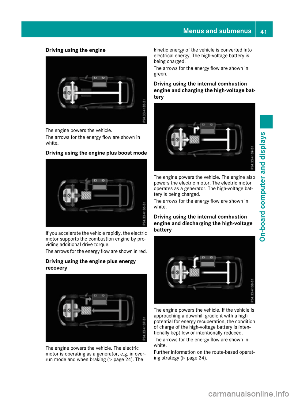 MERCEDES-BENZ GLE SUV HYBRID 2017 W166 Service Manual Driving using theengin e
The engin epowers th evehicle.
The arrows fo rth eenerg yflo ware shown in
white.
Driving using th eengin eplus boost mode
If you accelerate th evehicl erapidly, th eelectric
