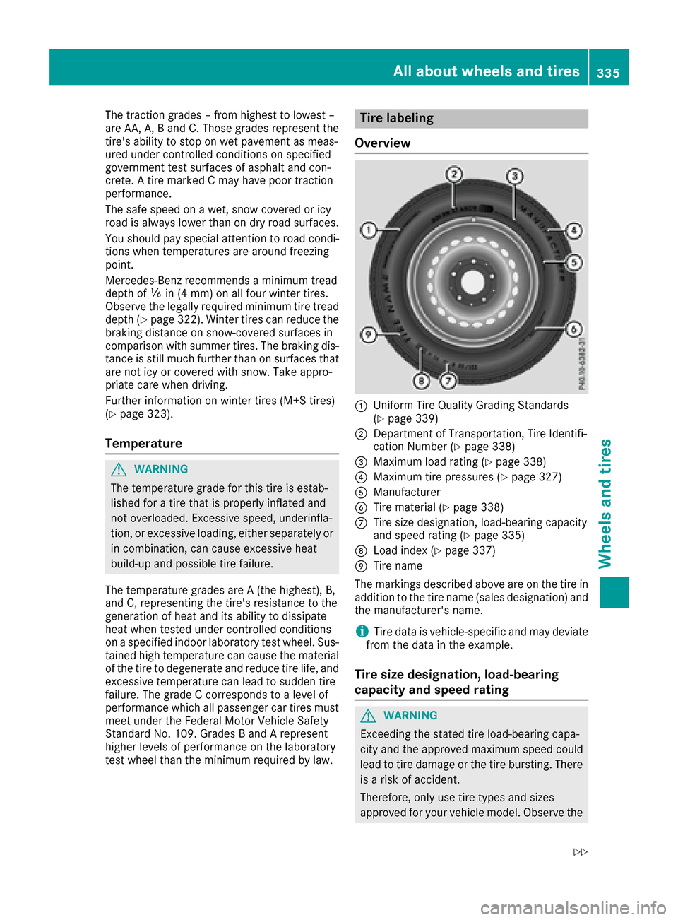 MERCEDES-BENZ GLE COUPE 2017 C292 Owners Manual The traction grades – from highest to lowest –
are AA, A, B and C. Those grades represent the
tires ability to stop on wet pavement as meas-
ured under controlled conditions on specified
governme MERCEDES-BENZ GLE COUPE 2017 C292 Owners Manual The traction grades – from highest to lowest –
are AA, A, B and C. Those grades represent the
tires ability to stop on wet pavement as meas-
ured under controlled conditions on specified
governme