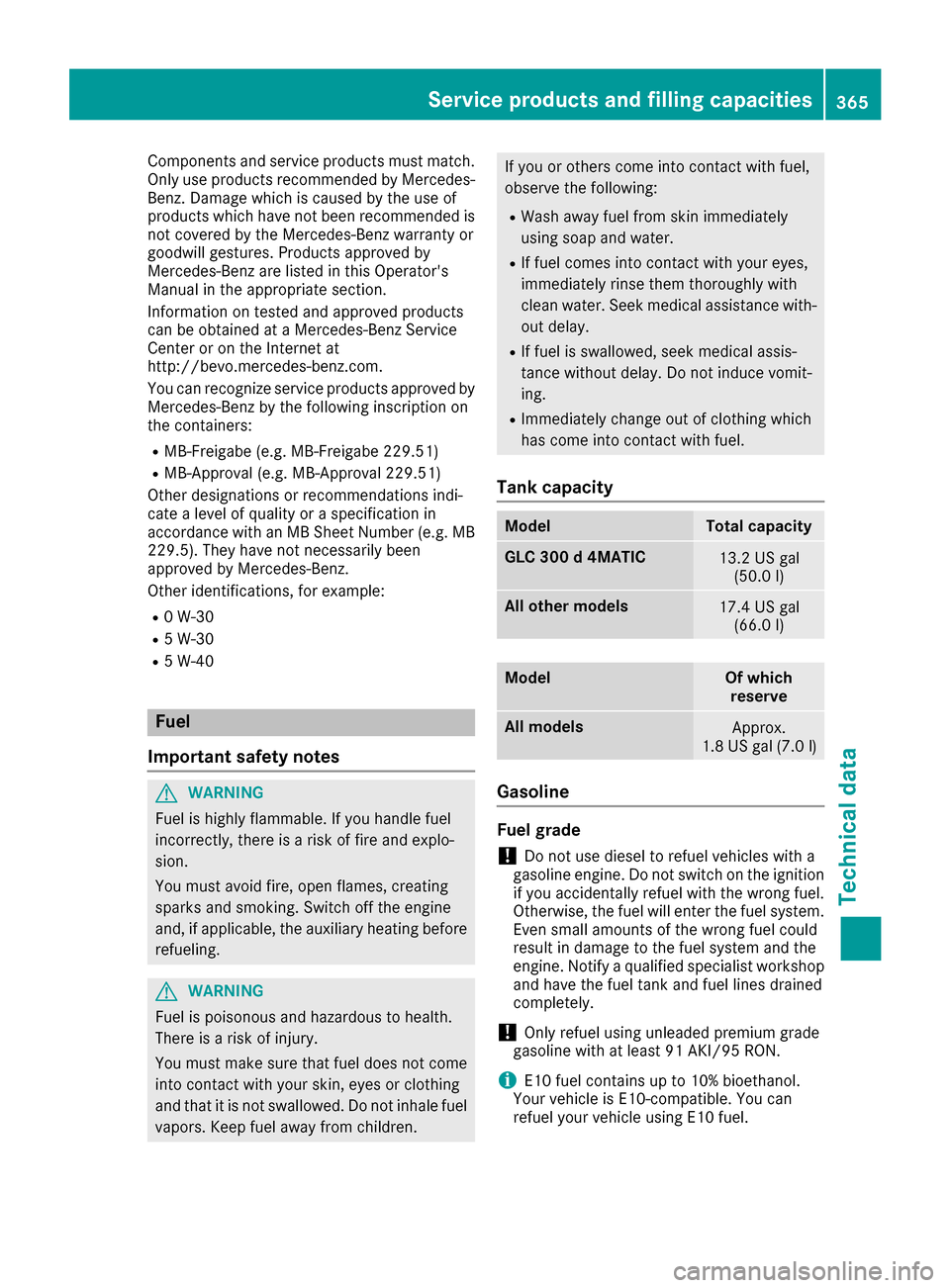 MERCEDES-BENZ GLC SUV 2017 X253 Owners Manual Components and service products must match.
Onlyuse products recommended byMercedes-
Benz. Damage whichis caused bythe use of
products which have not been recommended is
not covered bythe Mercedes-Ben MERCEDES-BENZ GLC SUV 2017 X253 Owners Manual Components and service products must match.
Onlyuse products recommended byMercedes-
Benz. Damage whichis caused bythe use of
products which have not been recommended is
not covered bythe Mercedes-Ben