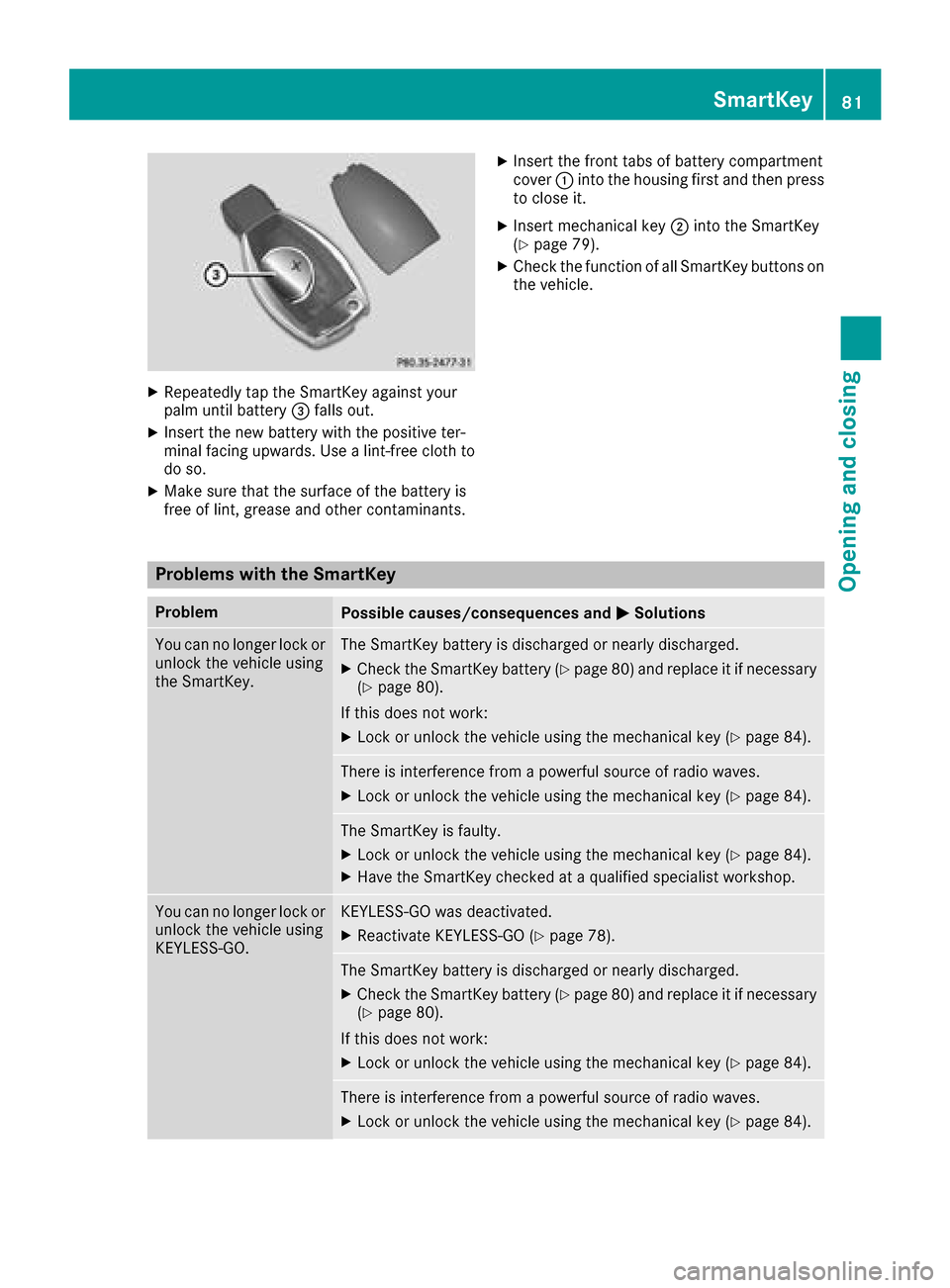 MERCEDES-BENZ GLC SUV 2017 X253 Owners Manual XRepeatedly tap theSmartKey against your
palm until battery =falls out .
XInsertth ene wbattery wit hth epositive ter-
minal facing upwards. Use alint-free cloth to
do so.
XMak esur ethat th esurfac e