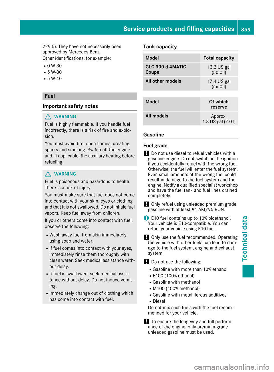 MERCEDES-BENZ GLC COUPE 2017 X253 Owners Manual 229.5). They have not necessarily been
approved by Mercedes-Benz.
Other identifications, for example:
R0 W-30
R5 W-30
R5 W-40
Fuel
Important safety notes
GWARNING
Fuel is highly flammable. If you hand