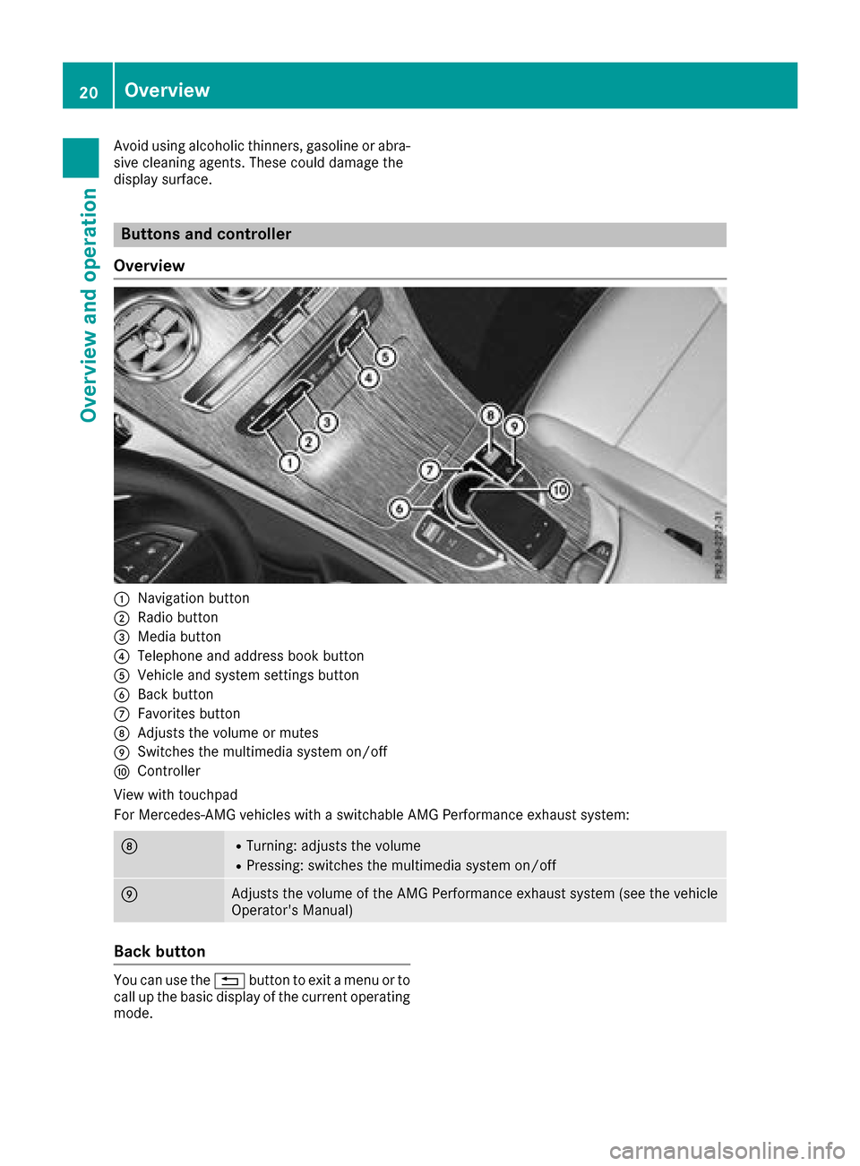 MERCEDES-BENZ GLC COUPE 2017 X253 Comand Manual Avoid using alcoholic thinners, gasoline or abra-
sive cleaning agents. These could damage the
display surface.
Buttons and controller
Overview
:Navigation button
;Radio button
=Media button
?Telephon MERCEDES-BENZ GLC COUPE 2017 X253 Comand Manual Avoid using alcoholic thinners, gasoline or abra-
sive cleaning agents. These could damage the
display surface.
Buttons and controller
Overview
:Navigation button
;Radio button
=Media button
?Telephon