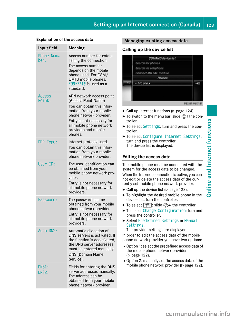 MERCEDES-BENZ GLC-Class 2017 X253 Comand Manual Explanation of the access data
Input fieldMeaning
Phone Num‐ber:Access number for estab-
lishing the connection
The access number
depends on the mobile
phone used. For GSM/
UMTS mobile phones,
*99** MERCEDES-BENZ GLC-Class 2017 X253 Comand Manual Explanation of the access data
Input fieldMeaning
Phone Num‐ber:Access number for estab-
lishing the connection
The access number
depends on the mobile
phone used. For GSM/
UMTS mobile phones,
*99**