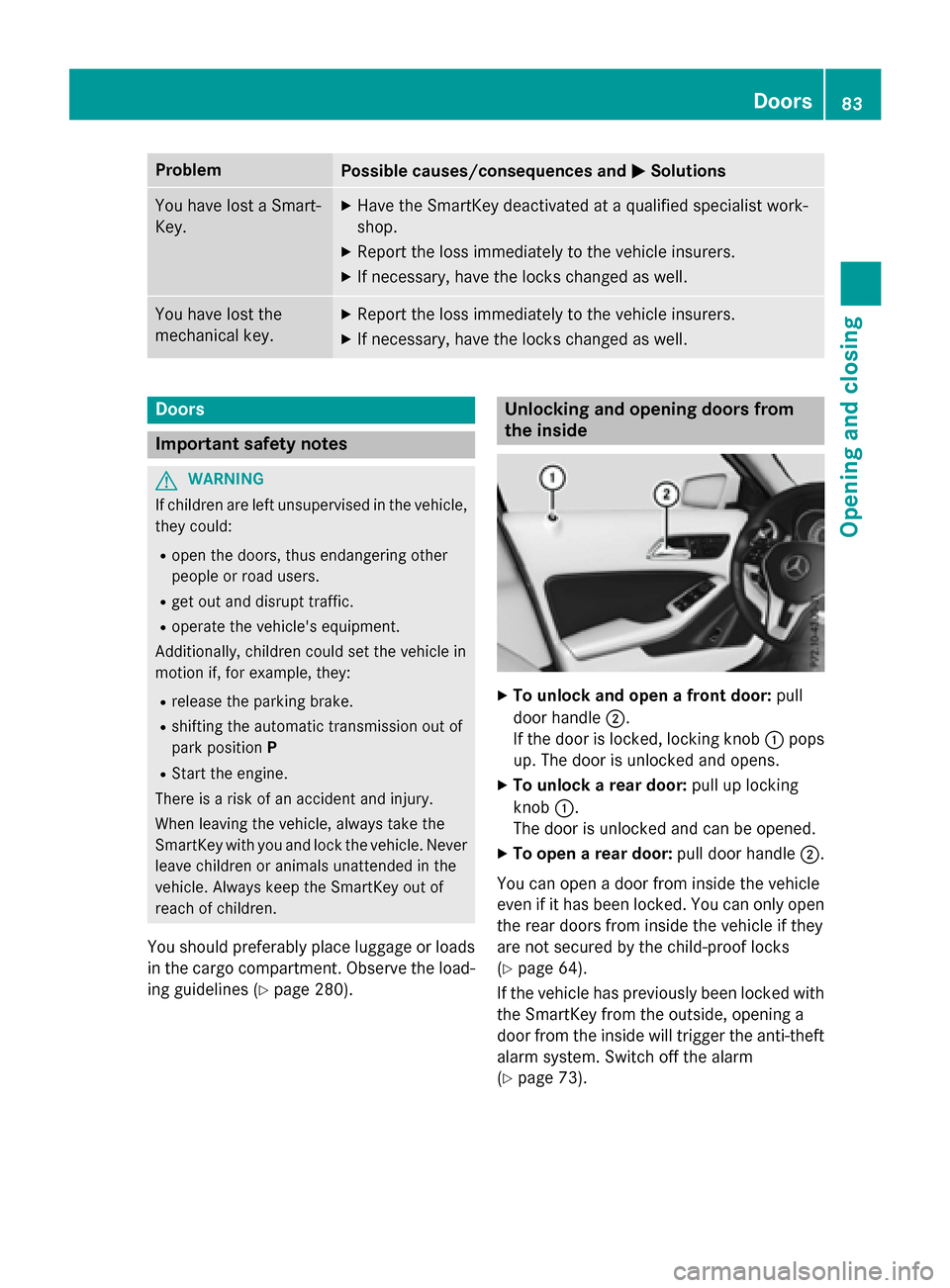 MERCEDES-BENZ GLA-Class 2017 X156 Manual Online ProblemPossible causes/consequences andMSolutions
You have lost a Smart-
Key.XHave the SmartKey deactivated at a qualified specialist work-
shop.
XReport the loss immediately to the vehicle insurers.
