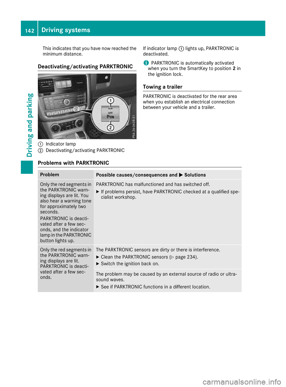 MERCEDES-BENZ G-Class 2017 W463 Owners Manual This indicates that you have now reached the
minimum distance.
Deactivating/activating PARKTRONIC
:Indicator lamp
;Deactivating/activatingPARKTRONIC If indicator lamp
:lights up, PARKTRONIC is
deactiv