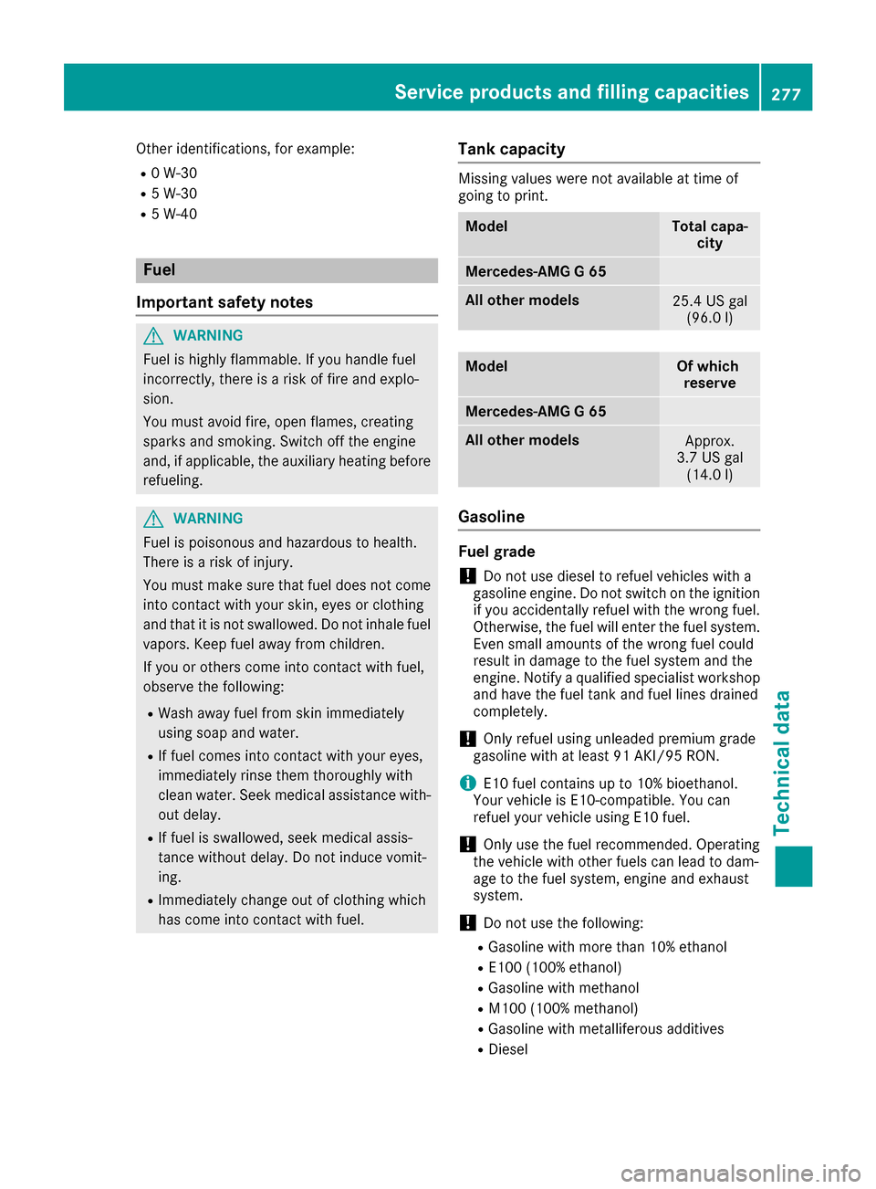 MERCEDES-BENZ G-Class 2017 W463 Owners Manual Other identifications, for example:
R0W-30
R5W-30
R5W-40
Fuel
Important safety notes
GWARNING
Fuel is highly flammable. If you handle fuel
incorrectly, there is arisk of fire and explo-
sion.
You must