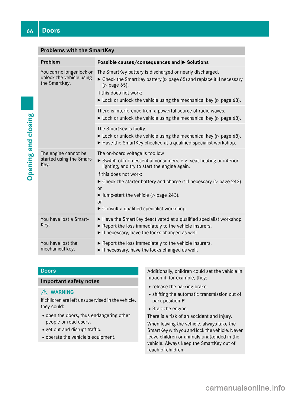 MERCEDES-BENZ G-Class 2017 W463 Repair Manual Problems with the SmartKey
ProblemPossible causes/consequences andMSolutions
You can no longer lock or
unlock the vehicle using
the SmartKey.The SmartKey battery is discharged or nearly discharged.
XC MERCEDES-BENZ G-Class 2017 W463 Repair Manual Problems with the SmartKey
ProblemPossible causes/consequences andMSolutions
You can no longer lock or
unlock the vehicle using
the SmartKey.The SmartKey battery is discharged or nearly discharged.
XC