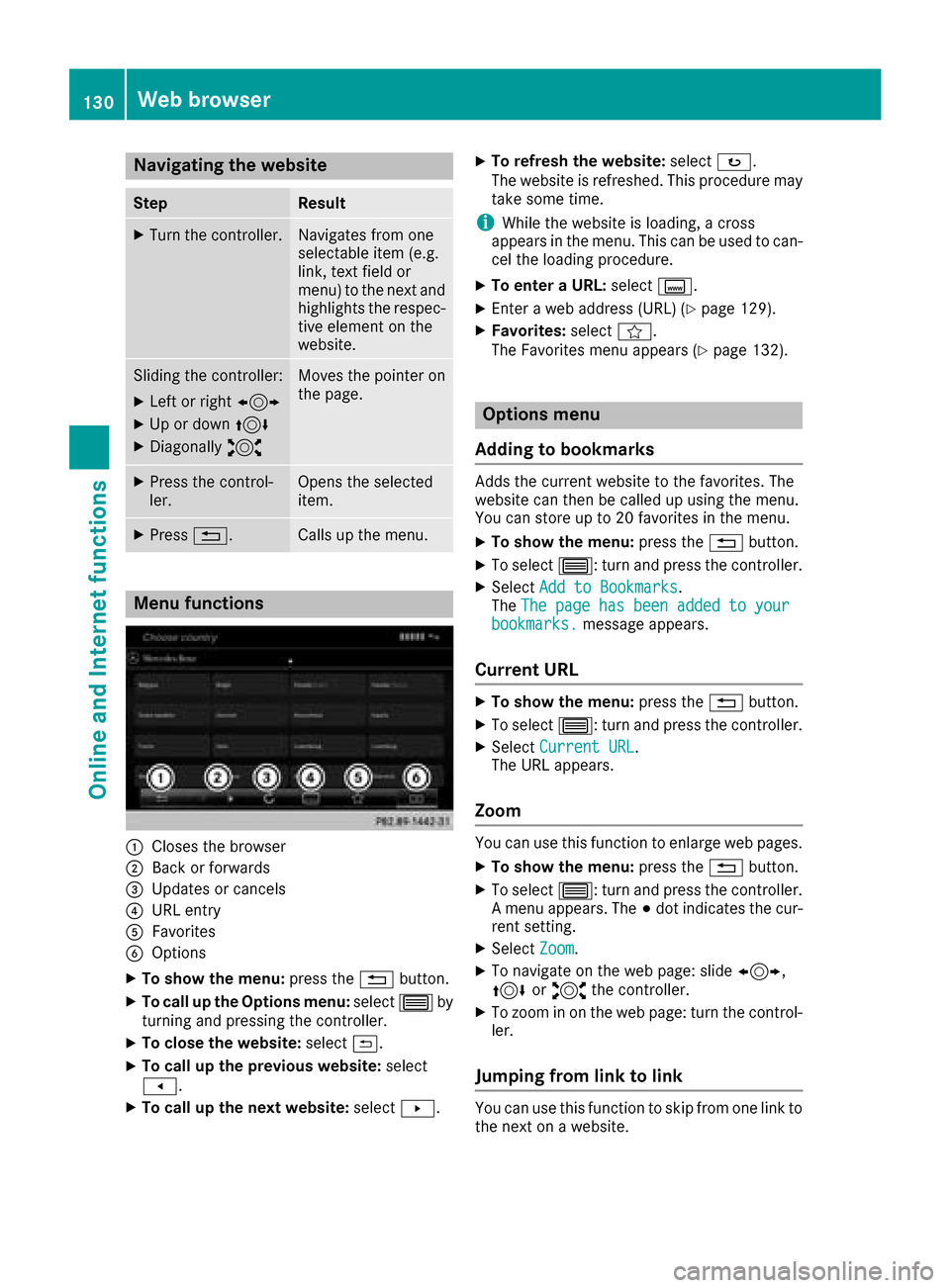 MERCEDES-BENZ G-Class 2017 W463 Comand Manual Navigating the website
StepResult
XTurn the controller.Navigates from one
selectable item (e.g.
link, text field or
menu) to the next and
highlights the respec-
tive element on the
website.
Sliding th MERCEDES-BENZ G-Class 2017 W463 Comand Manual Navigating the website
StepResult
XTurn the controller.Navigates from one
selectable item (e.g.
link, text field or
menu) to the next and
highlights the respec-
tive element on the
website.
Sliding th
