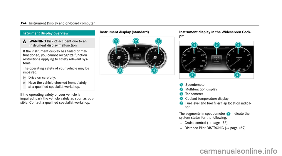 MERCEDES-BENZ E-Class SEDAN 2017 W213 Owners Manual Instrument displayoverview
&
WARNING Risk of accident duetoa n
instrumentd isplaymalfunction
If th ei nstrument displa yhasfailed or mal‐
functioned, youc anno trecognize function
re strictions appl