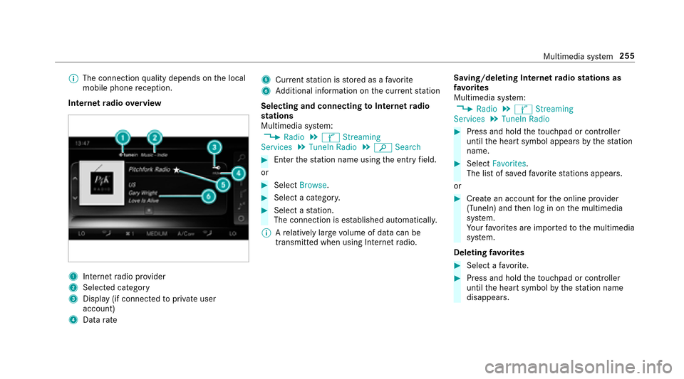 MERCEDES-BENZ E-Class SEDAN 2017 W213 Owners Guide %The connection qualityd epends on thel ocal
mobile phone reception.
In tern etradio overview
1Inte rnet radio pr ovider
2Selec tedc ategory
3Displa y(if connec tedtop riva te user
account)
4Dat arate