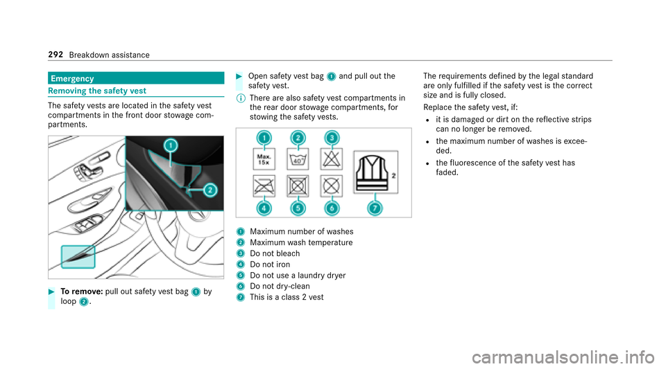 MERCEDES-BENZ E-Class SEDAN 2017 W213 User Guide Emergency
Re moving the saf etyv est
The saf etyv ests ar elocated in thes afet yv est
compartments in thef ront door stowagec om‐
partments.
#To remo ve:pull ou tsafet yv estb ag 1 by
loop 2.
#Open