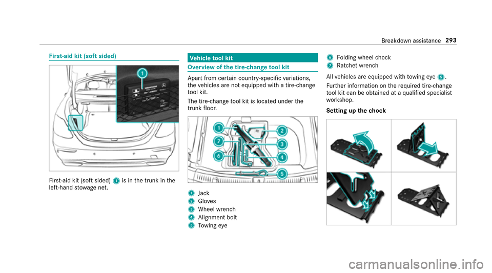 MERCEDES-BENZ E-Class SEDAN 2017 W213 Owners Guide Firs t-aid kit (sof tsided)
Fir st-ai dk it (so ftsided) 1is in thet runk in the
left-hand stowagen et.
Ve hicl etool kit
Overvie wofthe tire-chang etool kit
Apar tfromc ertain countr y-specific varia