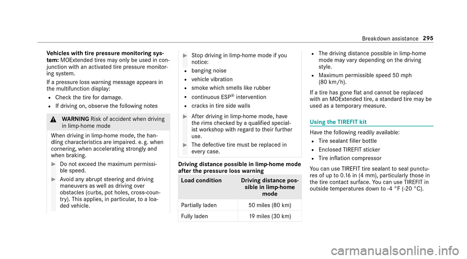 MERCEDES-BENZ E-Class SEDAN 2017 W213 Service Manual Vehicles with tir epressur emonitoring sys‐
te m: MOExtended tires ma yonly be used in con‐
junctio nwithana ctivated tir epressur emonitor‐
ing sy stem.
If ap ressur eloss warning messag eappea