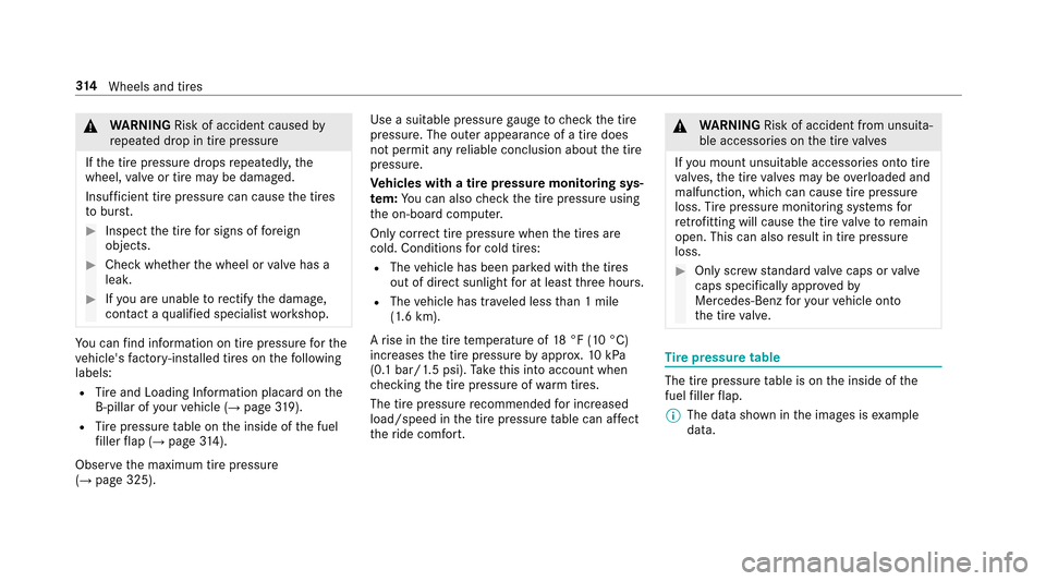 MERCEDES-BENZ E-Class SEDAN 2017 W213 Owners Manual &WARNING Risk of accident caused by
re peated drop in tir epressure
If th et irep ressur edrops repeatedl y,the
wheel, valveort irem aybe damaged.
Insuf ficient tir epressur ecan cause thet ires
to bu