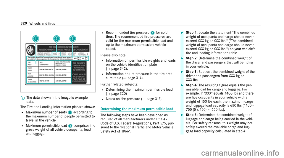 MERCEDES-BENZ E-Class SEDAN 2017 W213 Owners Manual %The dat ashown in thei mag eise xamp le
data.
The Tire and Loading Info rmatio nplacar dshows :
RMaximum number of seats 2according to
th em aximum number of people permitted to
tr ave lint hevehicle