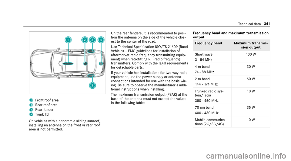 MERCEDES-BENZ E-Class SEDAN 2017 W213 Owners Manual 1Front roof area
2Re ar roof area
3Re ar fender
4Trunk lid
On vehicles wit hapanoramic sliding sunroof,
ins talling an antenn aonthe front or rear roof
area is no tpermitted. On
ther ear fende rs,itis