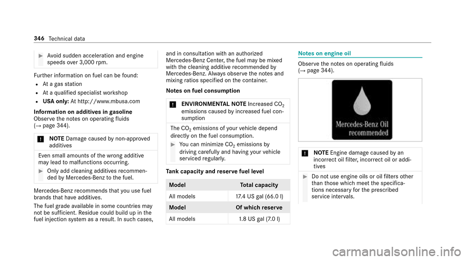 MERCEDES-BENZ E-Class SEDAN 2017 W213 Owners Manual #Avoid sudden acceleration and engine
speeds over3,000 rpm.
Fu rther information on fuel can be found:
RAt ag asstation
RAt aq ualified specialis tworks hop
RUS Ao nly: At http://www.mbusa.com
Informa