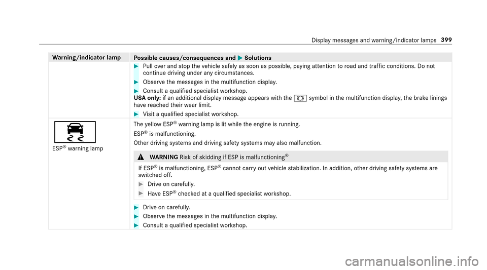 MERCEDES-BENZ E-Class SEDAN 2017 W213 Owners Manual Warning/indicator lamp
Possible causes/consequences and MSolutions
#Pulloverand stop thev ehicle safely as soon as possible, paying attention toroad and traf ficc onditions .Donot
continu edriving und