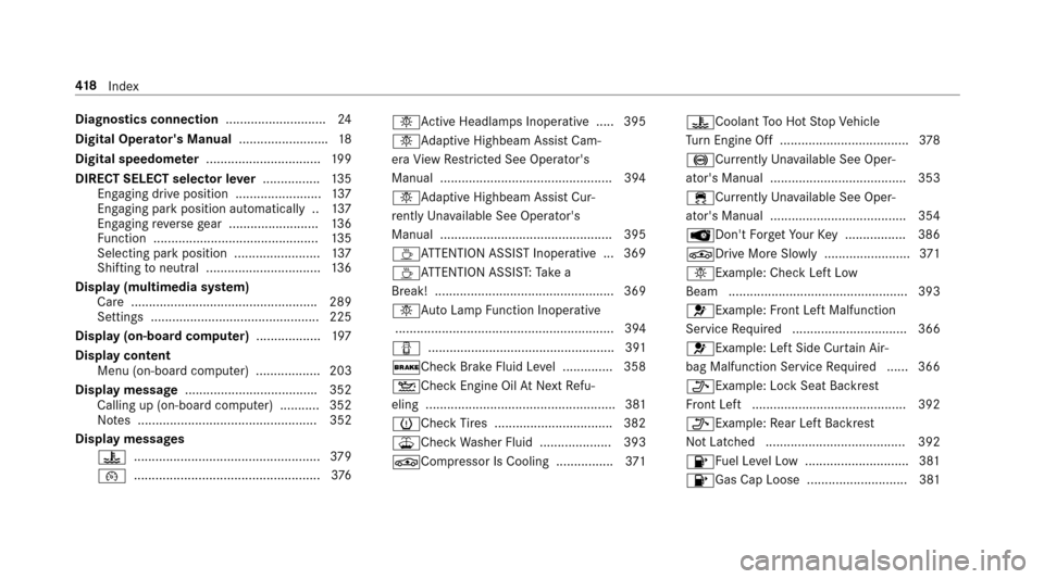 MERCEDES-BENZ E-Class SEDAN 2017 W213 Service Manual Diagnostics connection............................24
Digita lOperato rsM anua l........................ .18
Digita lspe edome ter ................................ 199
DIRECT SELECT selector le ver...