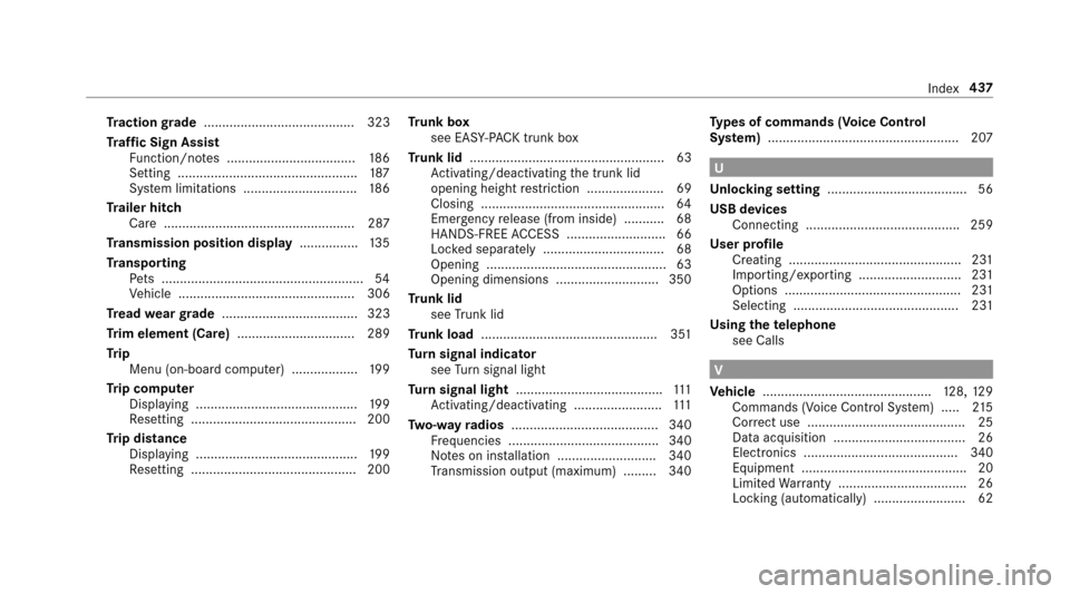 MERCEDES-BENZ E-Class SEDAN 2017 W213 Owners Manual Tractio ngrade ......................................... 323
Tr af ficS ign Assist
Fu nction/no tes. .................................. 186
Setting ................................................. 18