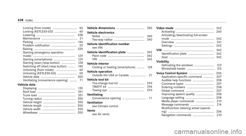 MERCEDES-BENZ E-Class SEDAN 2017 W213 User Guide Locking (from inside)............................. 60
Locking (KEYLESS-GO) ..........................6 0
Lo we ring ............................................. 338
Maintenance ......................