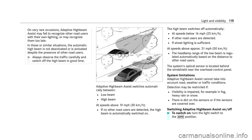 MERCEDES-BENZ E43AMG 2017 W213 Owners Manual Onvery rare occasions, Adaptive Highbeam
Assist may failto recognize other road users
with their own lighting, or may recognize
th em too late.
In these or similar situations, the automatic
high beam 