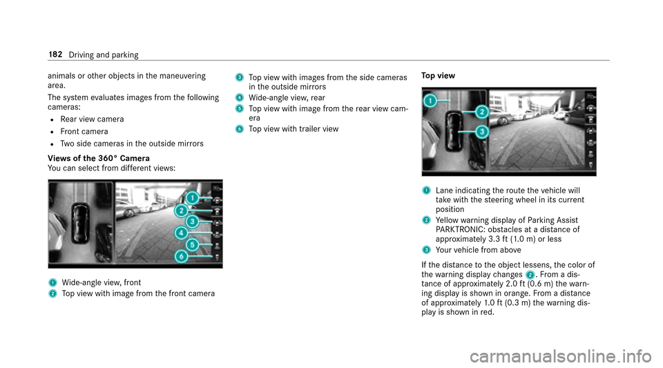 MERCEDES-BENZ E43AMG 2017 W213 Owners Manual animals orother objects in the maneuvering
area.
The sy stem evaluates images from thefo llowing
cameras:
RRe ar view camera
RFront camera
RTw o side cameras in the outside mir rors
Vi ew s of the 360