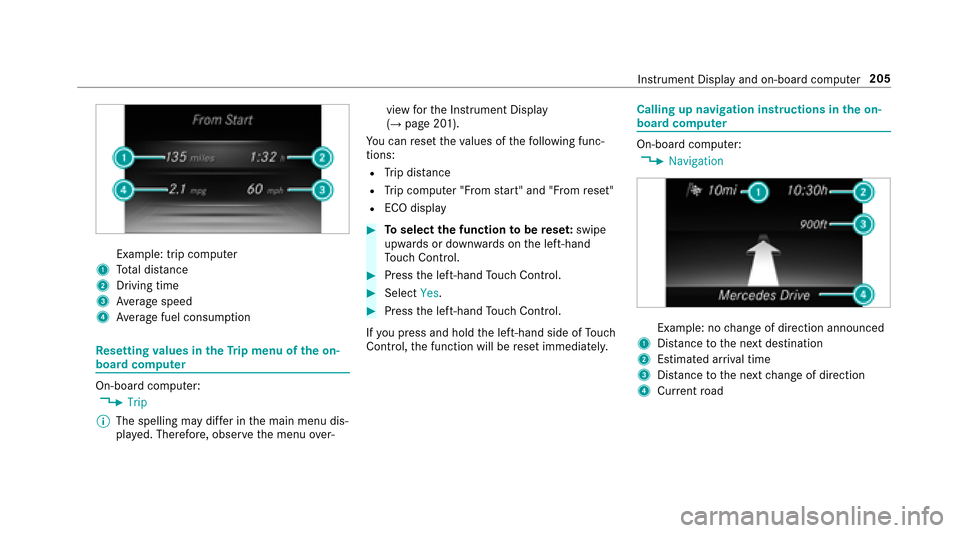 MERCEDES-BENZ E43AMG 2017 W213 Owners Manual Example: trip computer
1Total dis tance
2Driving time
3Av erage speed
4Average fuel consum ption
Re setting values in theTr ip menu of the on-
board compu ter
On-board computer:
,�7�U�L�S
% The spelli