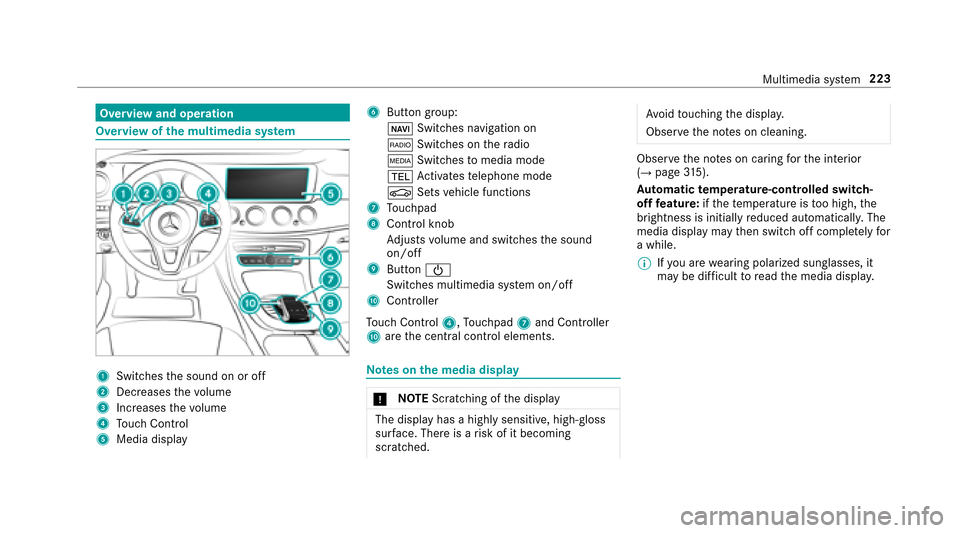 MERCEDES-BENZ E43AMG 2017 W213 Owners Manual Overview and operation
Overview ofthe multimedia sy stem
1Swit ches the sound on or off
2Dec reases thevo lume
3Inc reases thevo lume
4Touch Control
5Media display
6Button group:
ß Switches navigatio