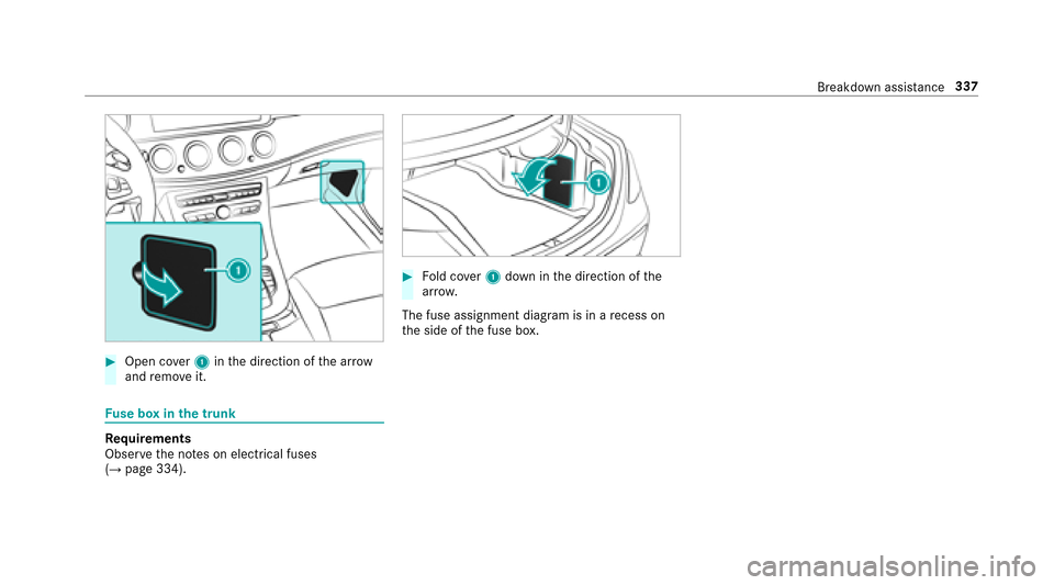 MERCEDES-BENZ E43AMG 2017 W213 Owners Manual #Open cover1 inthe direction of the ar row
and remo veit.
Fuse box in the trunk
Re quirements
Obser vethe no tes on electrical fuses
(
→page 334).
#Fo ld co ver1 down in the direction of the
ar row 