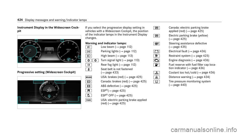 MERCEDES-BENZ E43AMG 2017 W213 Owners Manual Instrument Display intheWi descreen Co ck‐
pit
Prog ressive setting (Widescreen Cockpit)
Ifyo u select the progressive display setting in
ve hicles with a Widescreen Cockpit, the position
of the ind