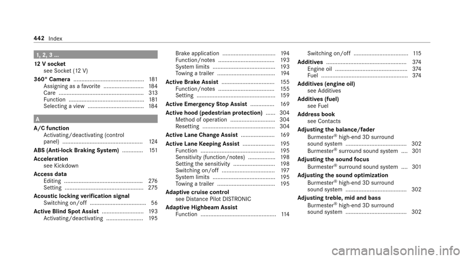 MERCEDES-BENZ E43AMG 2017 W213 User Guide 1,2, 3 ...
12 V sock et
see Soc ket (12 V)
360° Camera ............................................ 181
Assigning as a favo rite ......................... 184
Care ...................................