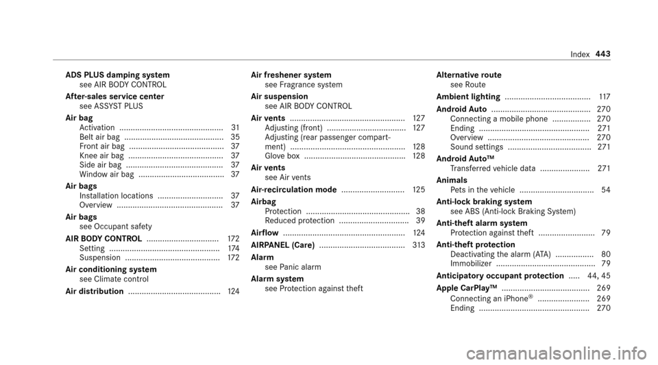 MERCEDES-BENZ E43AMG 2017 W213 User Guide ADS PLUSdamp ing sy stem
see AIR BODY CONTROL
Af ter-sales service center
see ASS YST PLUS
Air bag Activation .............................................. 31
Belt air bag ...........................
