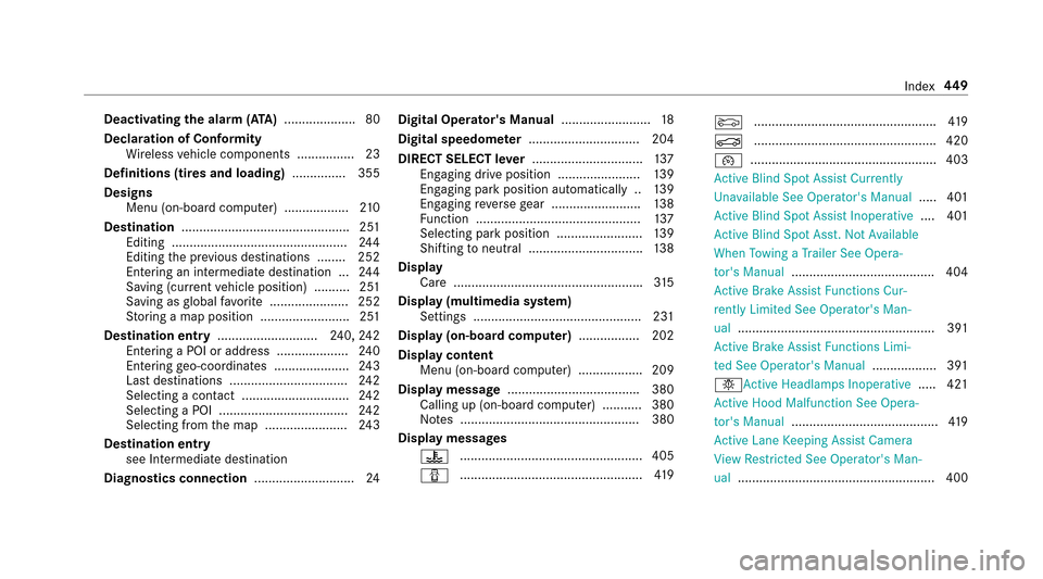 MERCEDES-BENZ E43AMG 2017 W213 Owners Manual Deactivating theala rm (ATA ).................... 80
Declaration of Conformity Wireless vehicle components ................2 3
Definitions (ti res and loading) ............... 355
Designs Menu (on-boa