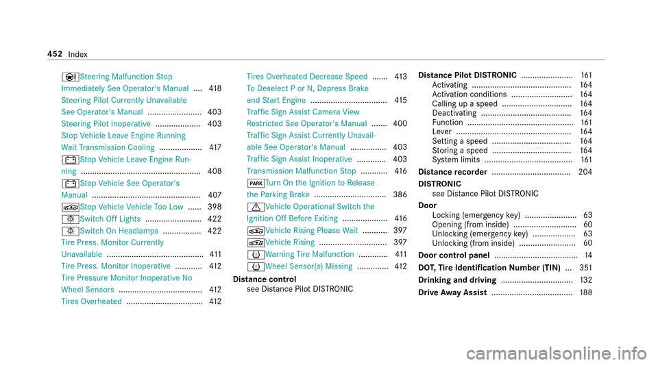 MERCEDES-BENZ E43AMG 2017 W213 Service Manual ÐSteering Malfunction Stop
Immediately See Operators Manual ....418
St eering Pilot Cur rently Unavailable
See Operators Manual ........................ 403
St eering Pilot Inoperative ............