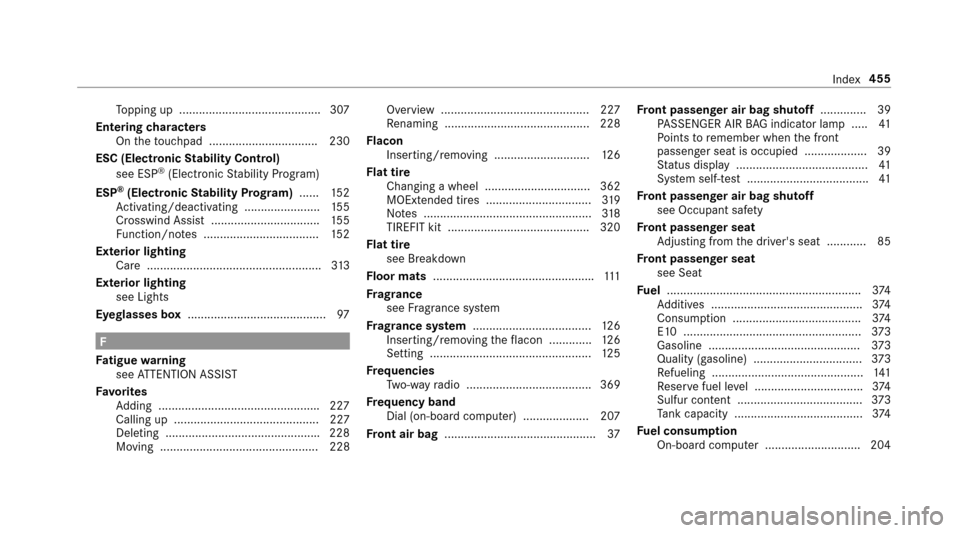 MERCEDES-BENZ E43AMG 2017 W213 Owners Manual Topping up .......................................... .307
Entering characters
On theto uchpad ................................ .230
ESC (Electronic Stability Control)
see ESP
®(Electronic Stability MERCEDES-BENZ E43AMG 2017 W213 Owners Manual Topping up .......................................... .307
Entering characters
On theto uchpad ................................ .230
ESC (Electronic Stability Control)
see ESP
®(Electronic Stability