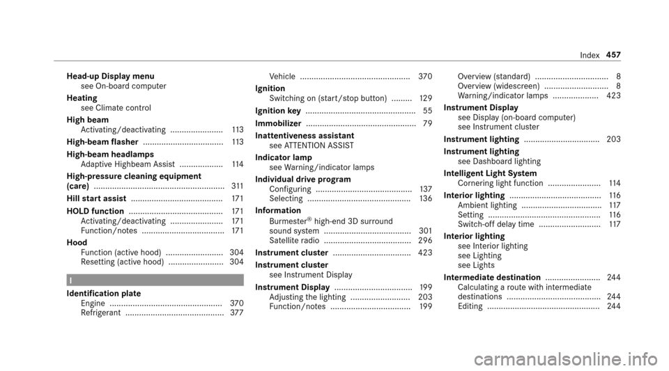 MERCEDES-BENZ E43AMG 2017 W213 Owners Manual Head-up Display menusee On-board computer
Heating see Climate control
High beam Activating/deactivating .......................1 13
High-beam flasher ................................... 113
High-beam 