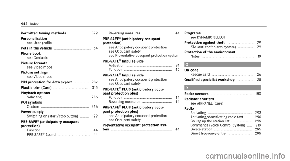 MERCEDES-BENZ E43AMG 2017 W213 Owners Manual Perm itted towing me thods .................... .329
Pe rsonalization
see User profile
Pe ts in the vehicle .....................................5 4
Phone book see Contacts
Picture form ats
see Video 