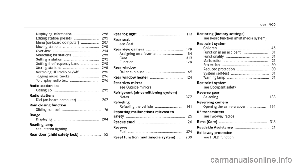 MERCEDES-BENZ E43AMG 2017 W213 Owners Manual Displaying information ........................ .296
Editing station presets ........................ .295
Menu (on-board computer) .................. 207
Moving stations .............................