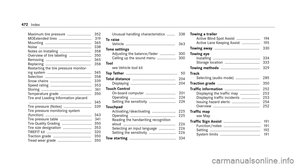 MERCEDES-BENZ E43AMG 2017 W213 User Guide Maximum tire pressure ....................... 352
MOExtended tires ................................319
Mounting ............................................. 365
No ise ...............................