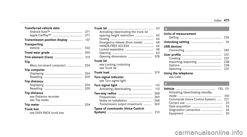 MERCEDES-BENZ E43AMG 2017 W213 Owners Manual Transfer redve hicle data
Android Auto™ ..................................... 271
Apple CarPlay ™ ................................... 271
Tr ansmission position display ................137
Tr ansp