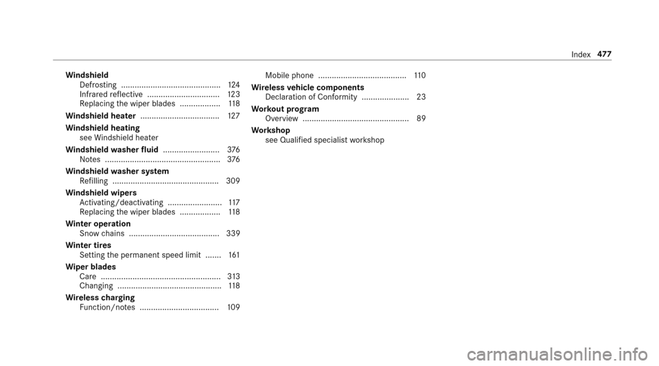 MERCEDES-BENZ E43AMG 2017 W213 Owners Manual Windshield
Defrosting ............................................ 124
Infrared reflective ................................ 123
Re placing the wiper blades .................. 118
Wi ndshield heater ..