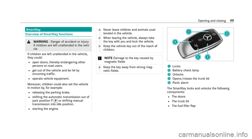 MERCEDES-BENZ E43AMG 2017 W213 Owners Manual SmartKey
Overview of SmartK eyfunctions
&
WARNING ‑ Danger of accident or injury
if ch ildren are left unatte nded intheve hi‐
cle
If ch ildren are left unatte nded intheve hicle,
th ey could:
Rop