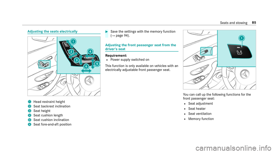 MERCEDES-BENZ E43AMG 2017 W213 Owners Manual Adjusting the seats electrically
1Head restra int height
2Seat backrest inclination
3Seat height
4Seat cushion length
5Seat cushion inclination
6Seat fore -and-aft position
#Sa ve the settings with th