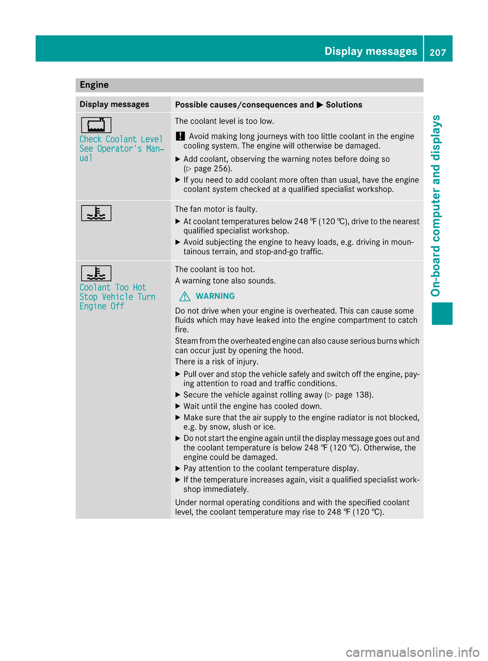 MERCEDES-BENZ E-Class COUPE 2017 C207 Owners Manual Engine
Display messagesPossible causes/consequences andMSolutions
+
CheckCoolantLevelSee Operators Man‐ual
The coolant level is too low.
!Avoid making long journeys with too little coolant in the e