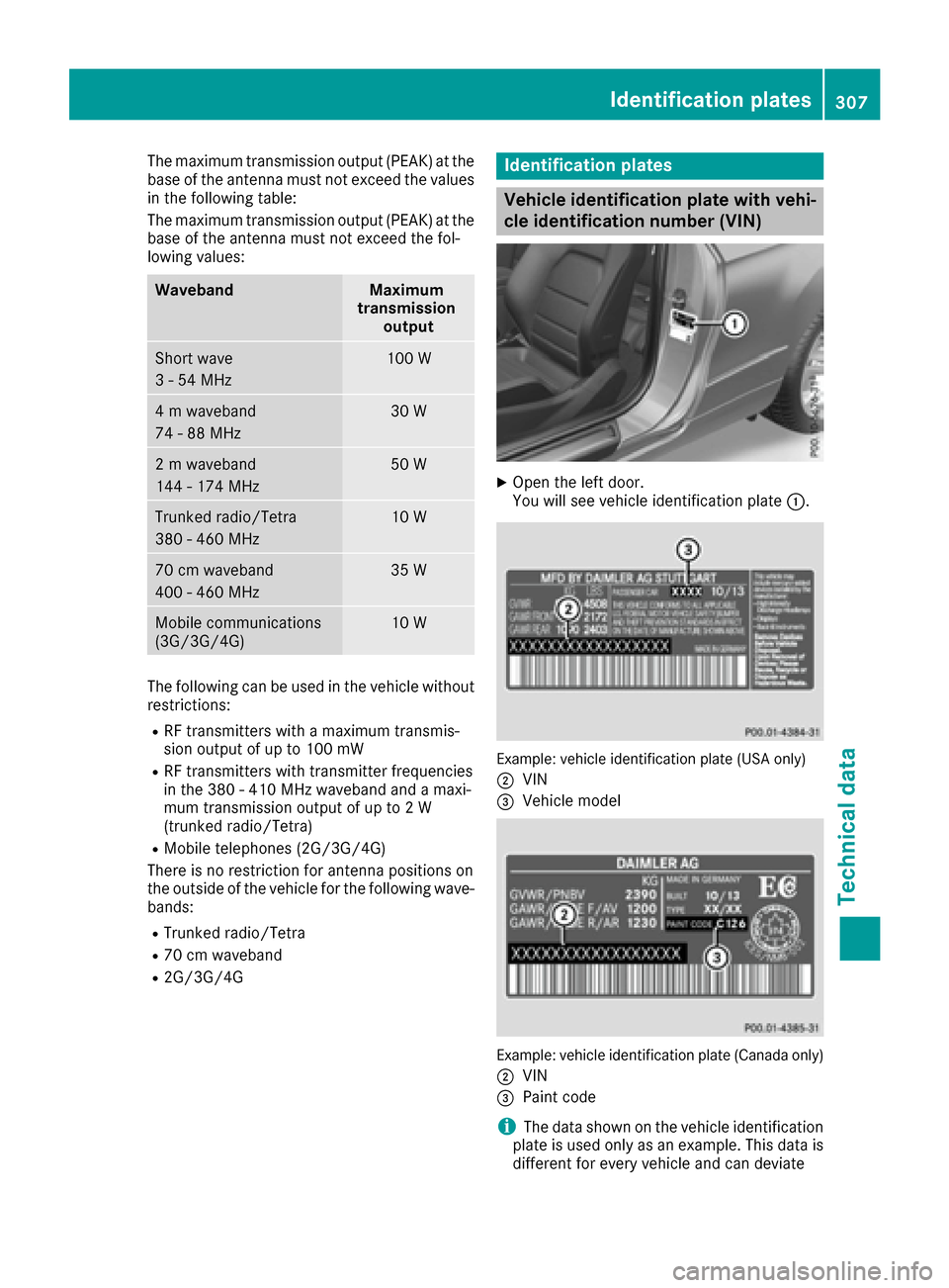 MERCEDES-BENZ E-Class COUPE 2017 C207 Owners Manual The maximum transmission output (PEAK) at the
base of the antenna must not exceed the values
in the following table:
The maximum transmission output (PEAK) at the
base of the antenna must not exceed t MERCEDES-BENZ E-Class COUPE 2017 C207 Owners Manual The maximum transmission output (PEAK) at the
base of the antenna must not exceed the values
in the following table:
The maximum transmission output (PEAK) at the
base of the antenna must not exceed t